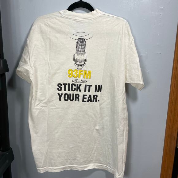 Vintage Radio 93FM Single Stitch Stick It In Your Ear Advertising Shirt Men's XL - Picture 2 of 8